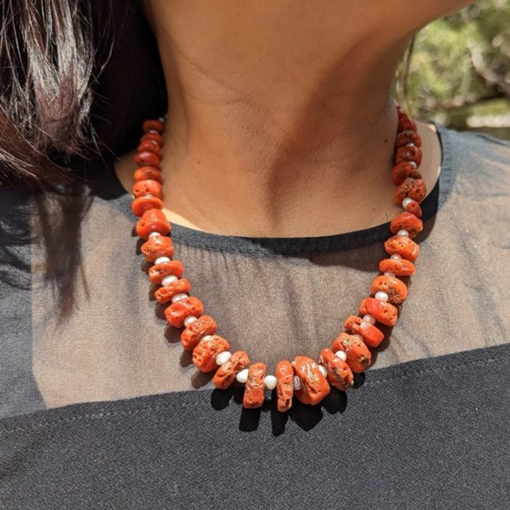 Santo Domingo Kewa Necklace Natural Med Coral Pearls Handmade Signed J Rosetta**